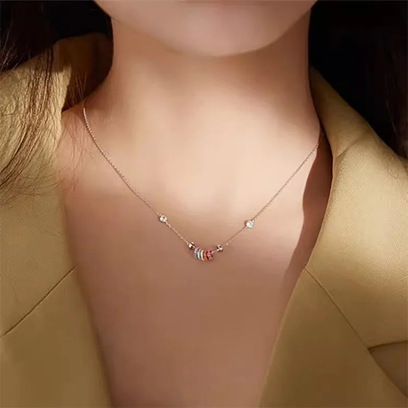 Real Money 925 Sterling Silver Women's Necklace Korean Rainbow Colorful Small Circle Pendant Necklace Wedding Party Jewelry Gift