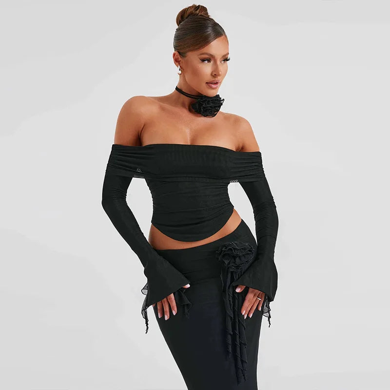 TARUXY Flower Bodycon Skirt Sets Women Slim Sexy Backless Lace Up Tops Women's Party Elegant Dress 2 Piece Womens Suits Outfits