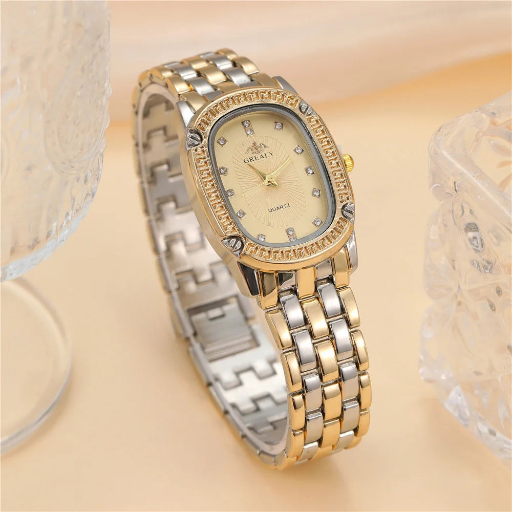 Fashion GREALY Brand Luxury Oval Dial Rhinestone Ladies' Watch  Gold Silver zinc alloy Quartz Wristwatch for Women