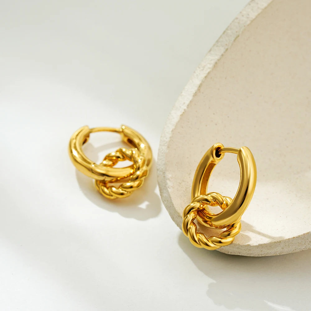 Dainty Golden Double Twist Round Hoop Pendant Earrings Retro Stainless Steel Geometric Circle Small Earring Fashion Jewelry Gift