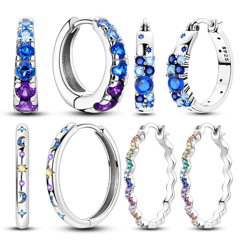 925 Sterling Silver Round Circle Hoop Earrings For Woman Wedding Engagement Party Fashion Jewelry Gift Blue Geometric Earrings