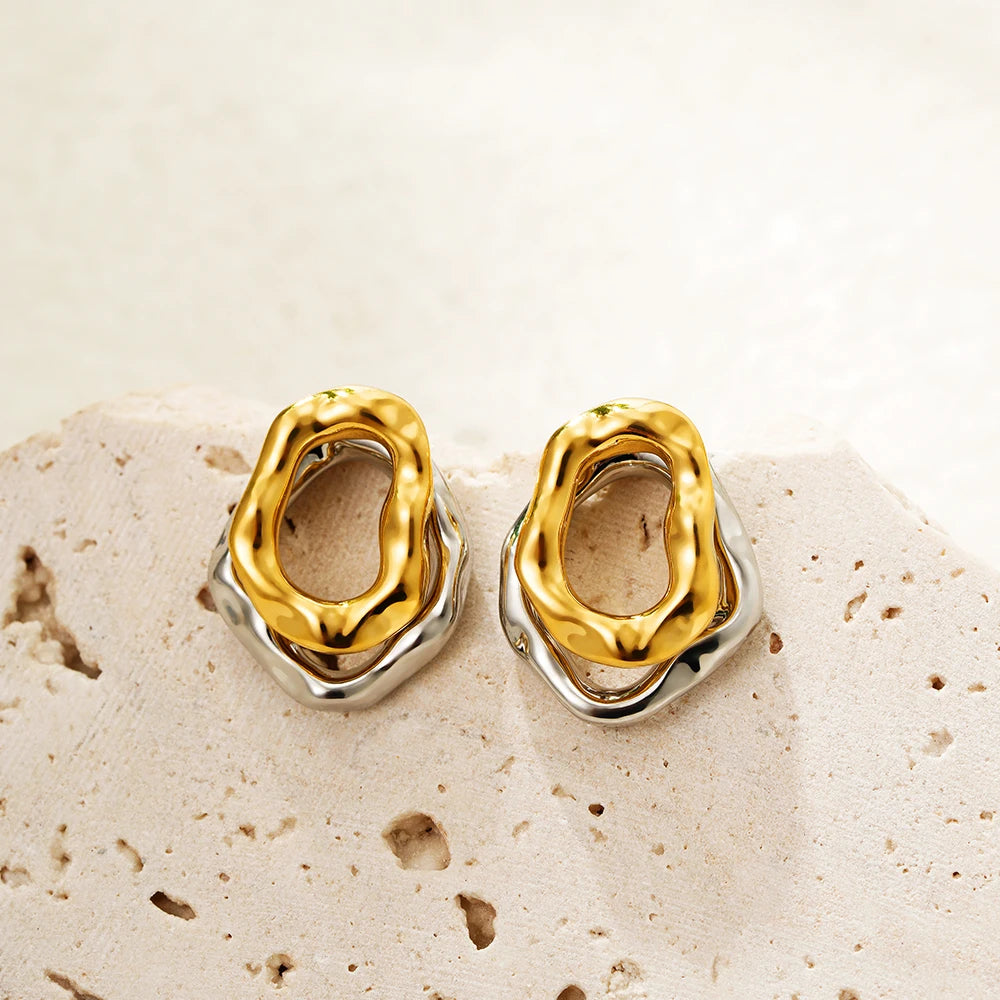 Two-wear Irregular Gold Sliver Colors Circles Bilayer Piercing Post Earring for Women Bicolor Hammered Texture Geometric Jewelry