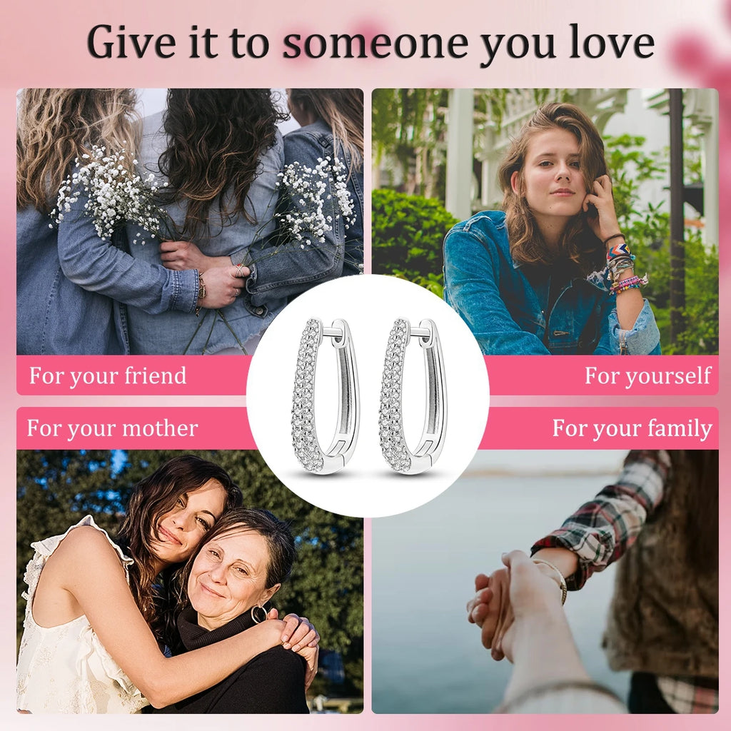925 Sterling Silver Sparkling Long U-Shaped Hoop Earrings Double Row CZ Oval Huggie Earrings for Women Luxury Versatile Jewelry