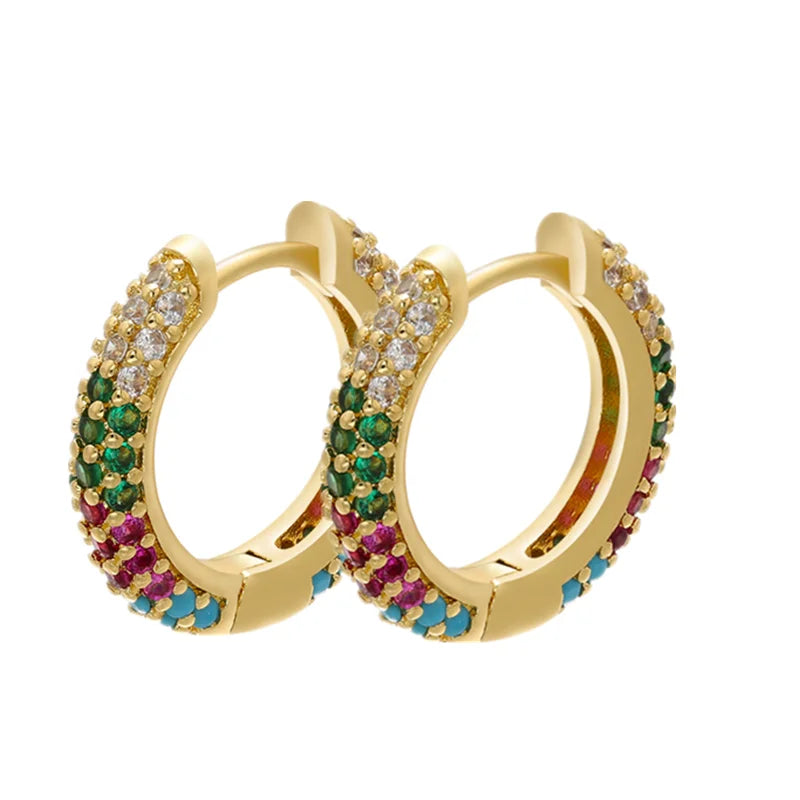 18K Gold Plated Brass Huggie Earrings with CZ Zircon Thin Ear Hoops Earring for Women Round Colorful Earring Piercing