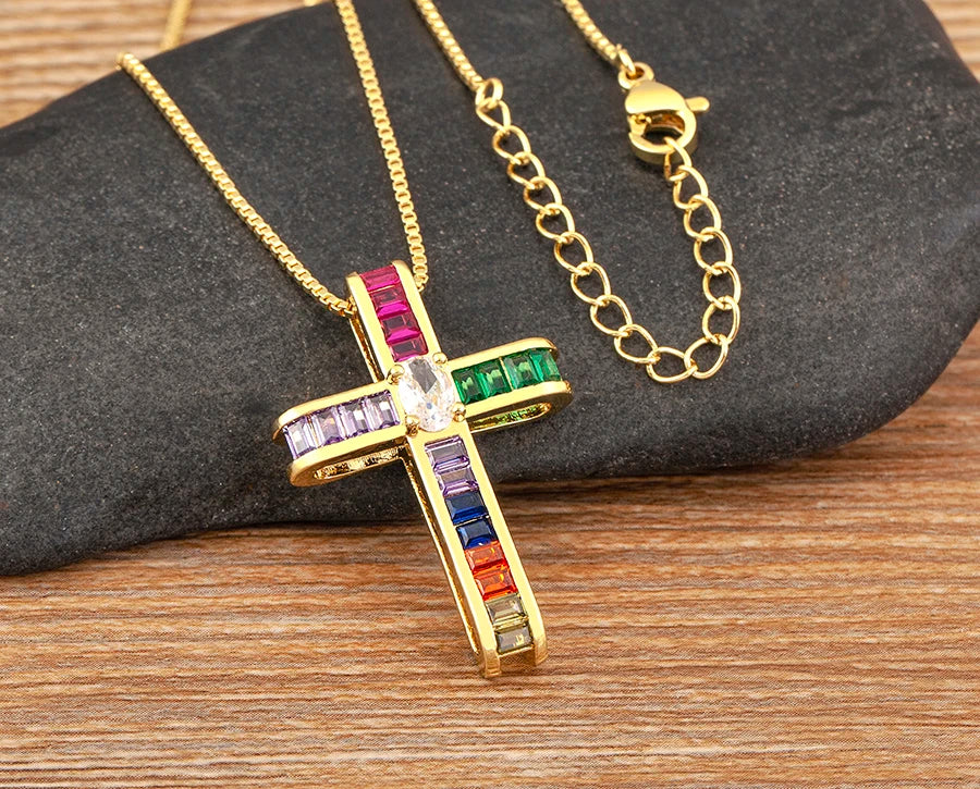 AIBEF Fashion Cross Shape Pendant Colorful Rhinestone Women Necklace Copper Zircon Stereoscopic Jewelry Christianity Unisex Gift