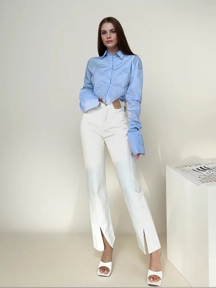 Zadily Summer 2025 Korean Style Long Sleeve White Shirt Sexy Button Detail Crop Top Women's Streetwear Blouse Female Clothing