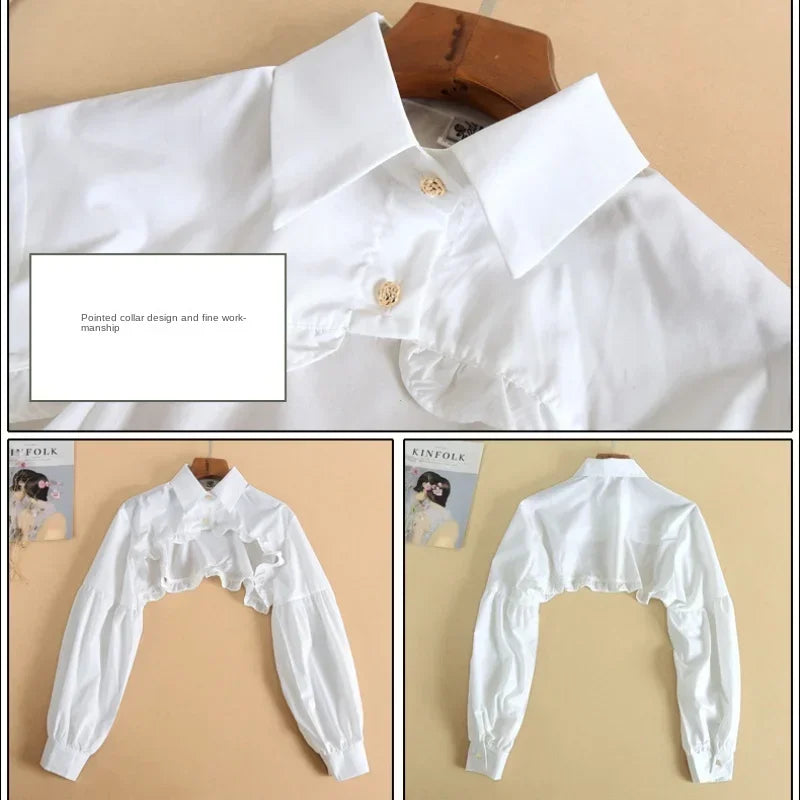 Women Puff Long Sleeve T Shirts Short Top Blouse Ruffled Button Detachable Spread Collar Sweater Decorative Accessories T Shirt