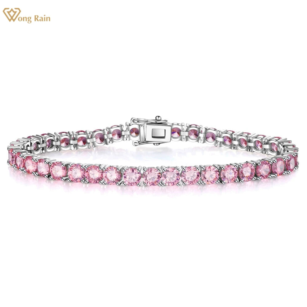 Wong Rain Solid 925 Sterling Silver 5MM Lab Pink Sapphire High Carbon Diamonds Gemstone Tennis Chain Bracelets Fine Jewelry
