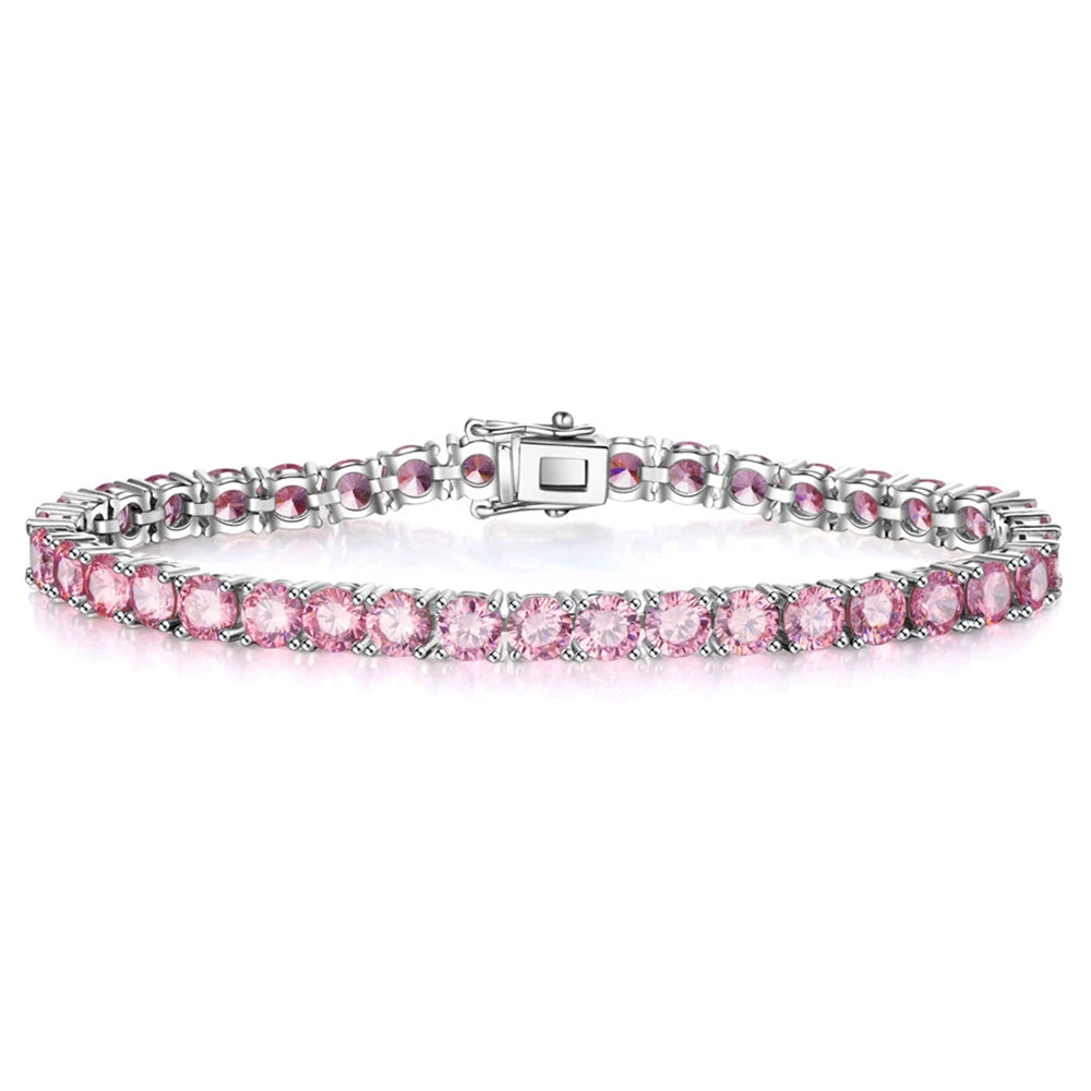 Wong Rain Solid 925 Sterling Silver 5MM Lab Pink Sapphire High Carbon Diamonds Gemstone Tennis Chain Bracelets Fine Jewelry
