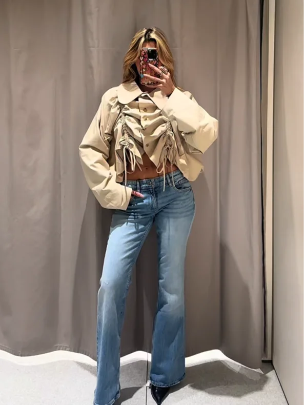 Women Coat Lapel Collar Ruched Jacket Beige Drawstring Top Button Front Lightweight Crop Outerwear Spring Outfit Woman Clothes