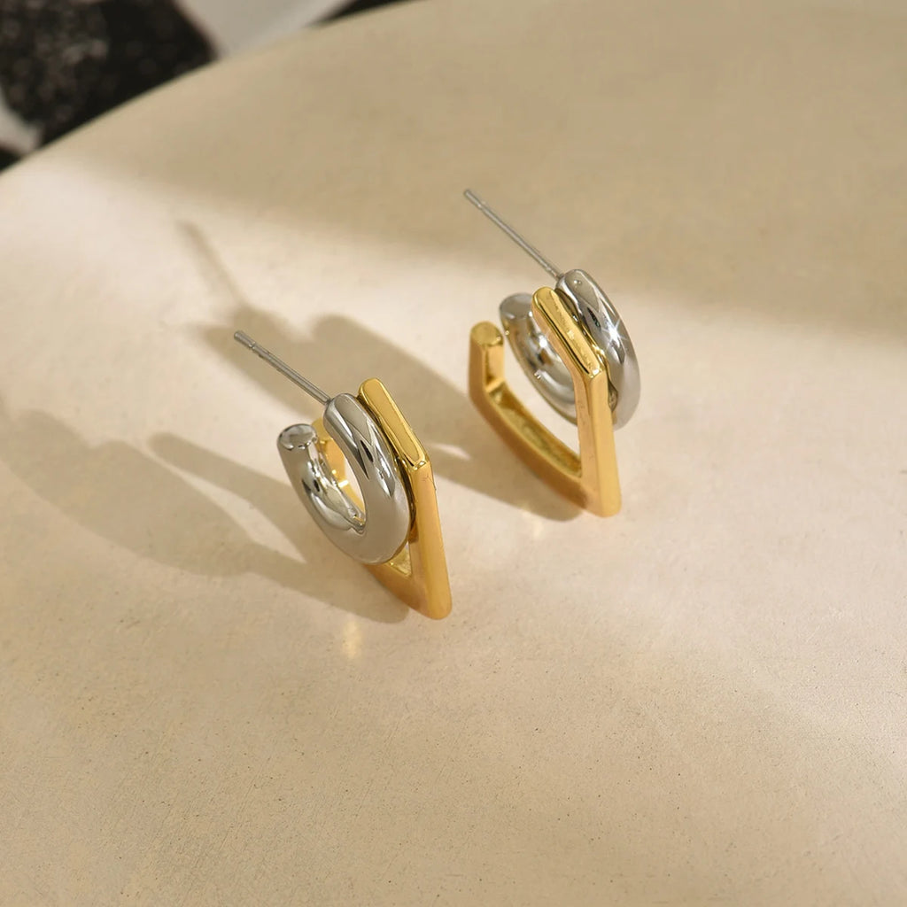 Geometric Double Round Stacking Earrings for Women Stainless Steel Dainty Gold & Silver C Shape Stud Earrings Wedding Jewelry