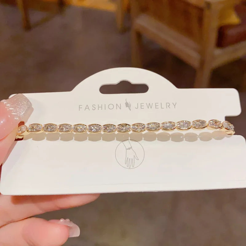 Dainty Oval Zircon Link Chain Bracelet Women Real Gold Plating Sparkling Minimalist Fashion Jewelry Wedding Party Accessory 1750
