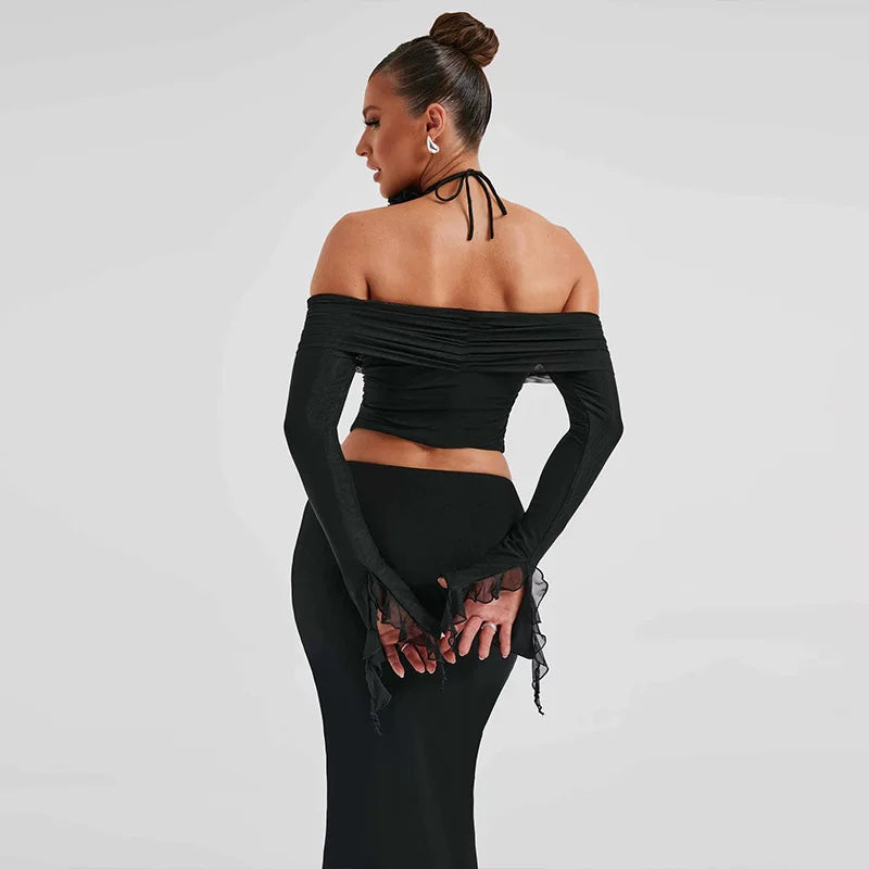 TARUXY Flower Bodycon Skirt Sets Women Slim Sexy Backless Lace Up Tops Women's Party Elegant Dress 2 Piece Womens Suits Outfits