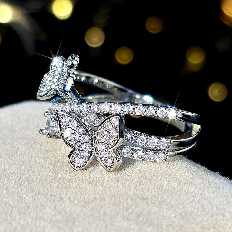 Huitan Romantic Rings with Double Butterfly Shiny Cubic Zirconia Finger Accessories Sweet Exquisite Graceful Jewelry for Wedding