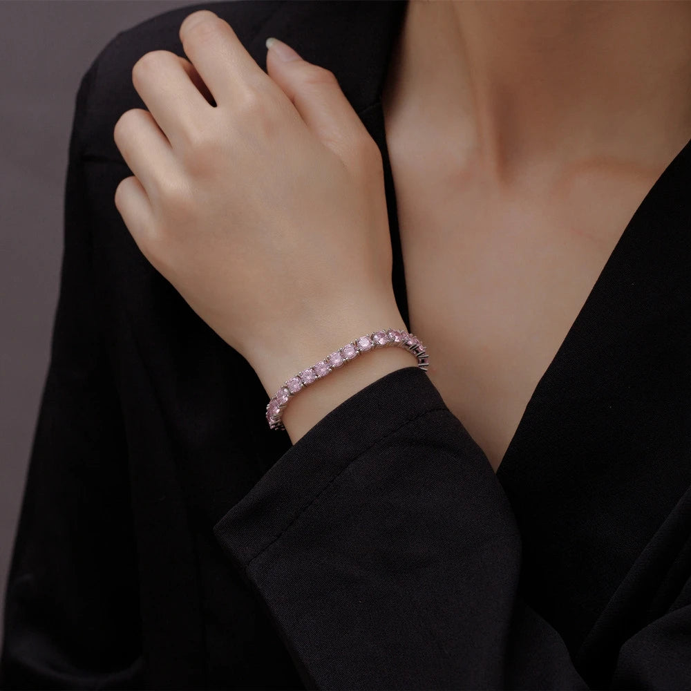 Wong Rain Solid 925 Sterling Silver 5MM Lab Pink Sapphire High Carbon Diamonds Gemstone Tennis Chain Bracelets Fine Jewelry