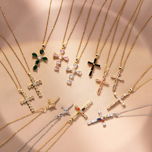 Cool Luxury Shiny Zircon Cross Pendant Necklaces for Women Men Fashion Stainless Steel Chains Collar Jewelry Accessories Gift