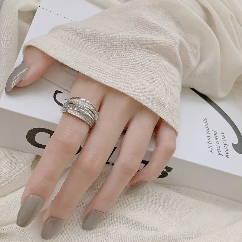 Korea New Fashion Jewelry Exquisite Silver Color Zircon Ring Elegant Women's Opening Adjustable Wedding Gift Luxury Accessory