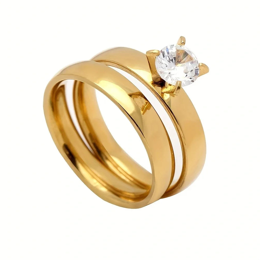 New Style Fashion Gold Plated Zircon Stainless Steel Couple Rings For Women Men Engagement Ring Valentine Day Gift Size 6-12