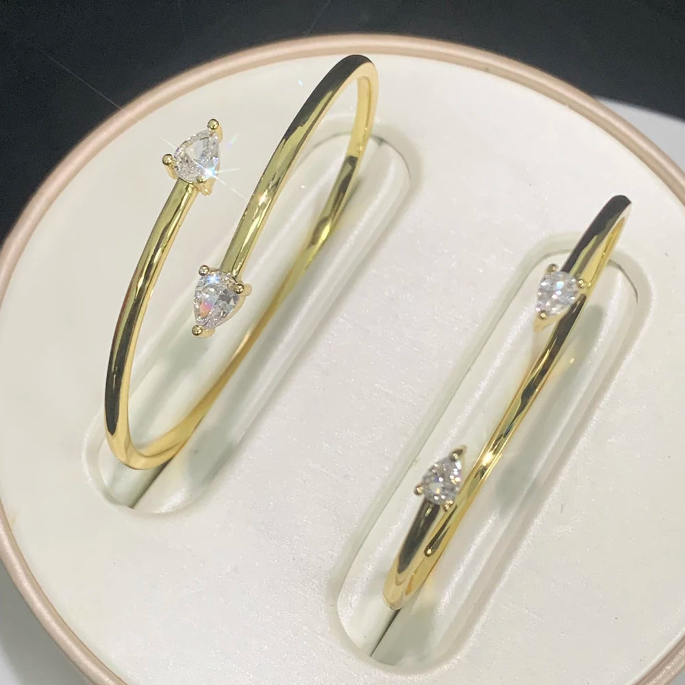 18K Gold Plated Geometric Fashion Women Jewelry 5A Sparking Tear Drop CZ Wrap Open Adjusted Cuff Bangle