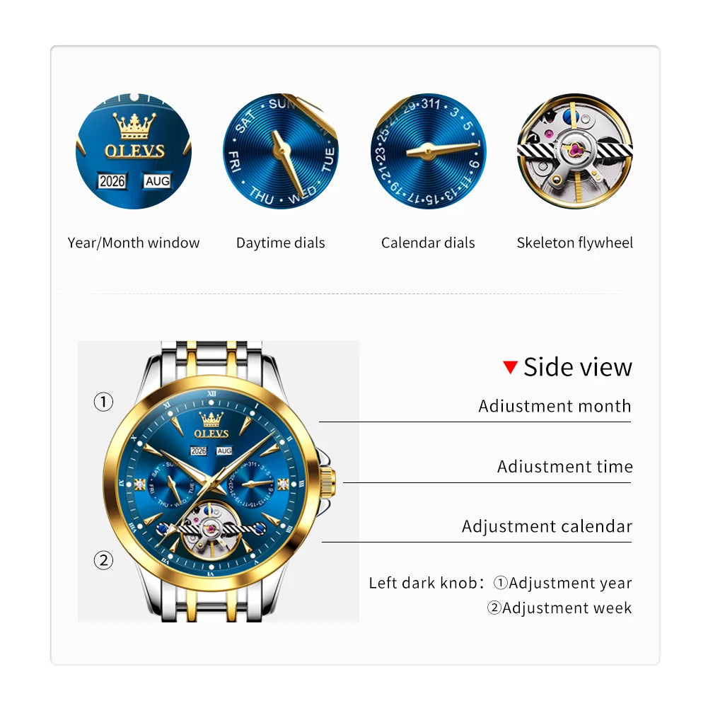 OLEVS Automatic Man Watch Skeleton Flywheel Luxury Original Mechanical Wristwatch Waterproof Stainless Steel  Men's Watches 7091