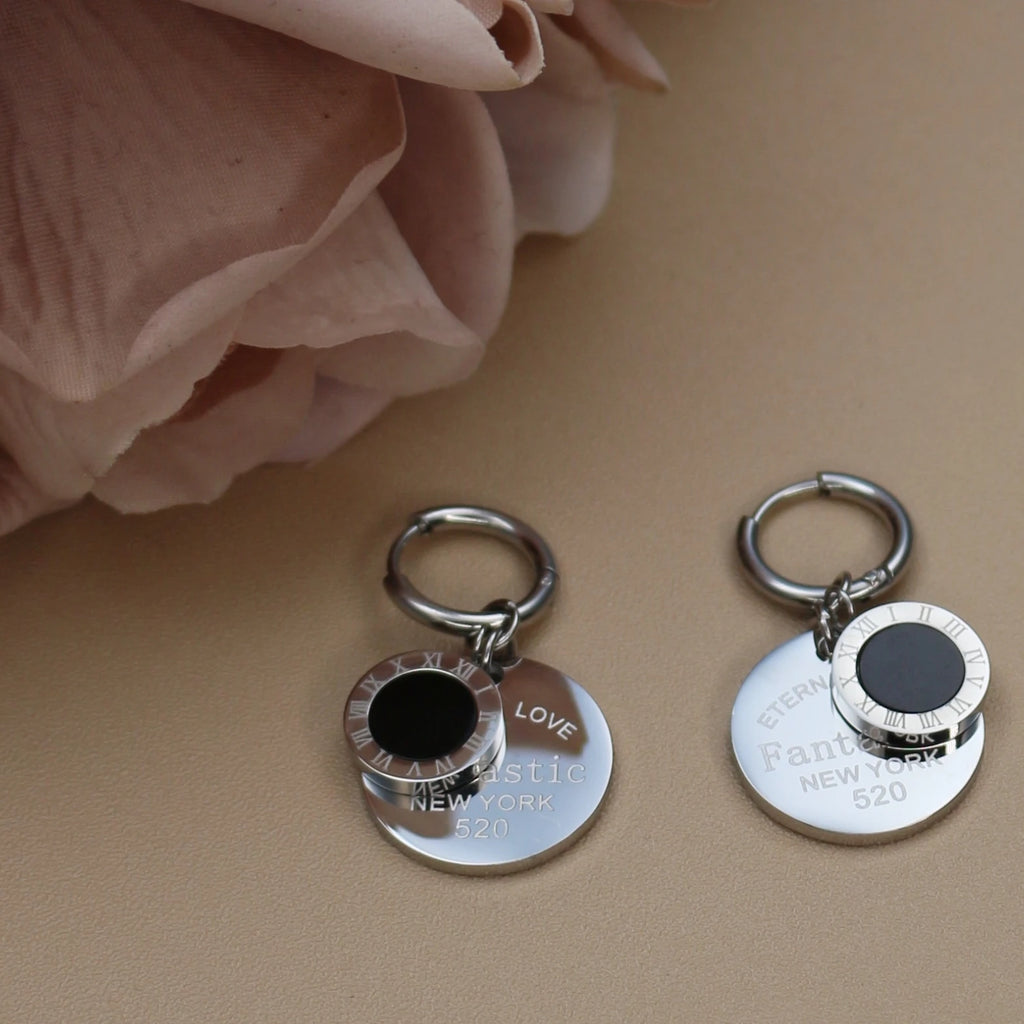 XE-193 New Roman Numeral Medallion Design FOREVER LOVE Stainless Steel Ladies' Jewellery Earrings Gift Wholesale