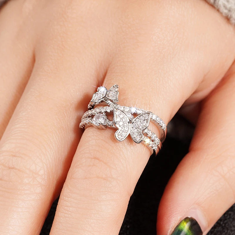 Huitan Romantic Rings with Double Butterfly Shiny Cubic Zirconia Finger Accessories Sweet Exquisite Graceful Jewelry for Wedding