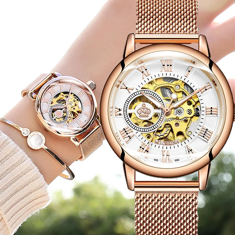 ORKINA Luxury Brand Skeleton Design Waterproof Automatic Mechanical Stainless Steel Mesh Strap Rose Gold Wrist Watch for Women