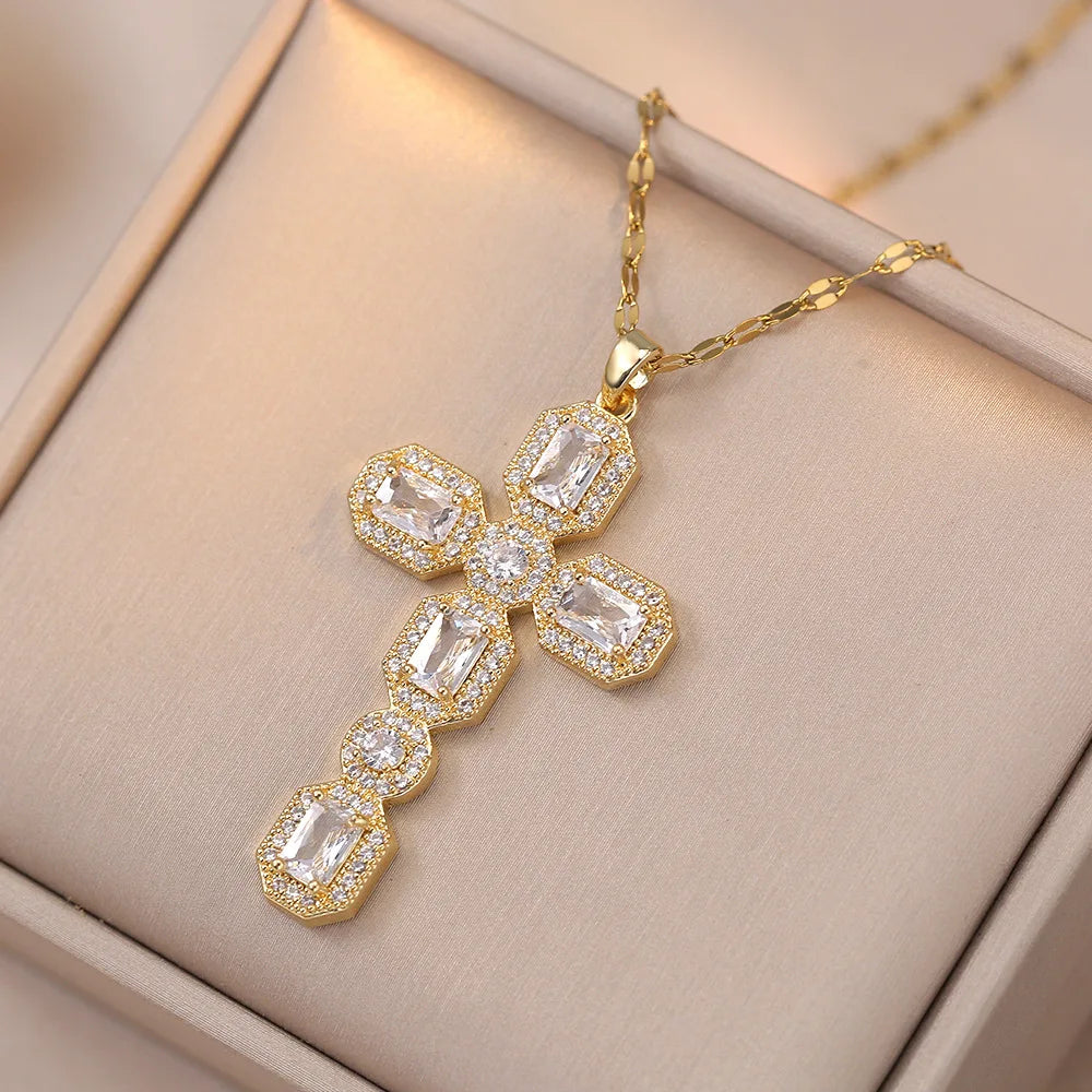 Luxury Big Cross Pendant Clavicle Necklaces For Women Silver Gold Color Square Pink White Zircon Choker Valentine Jewelry Gifts