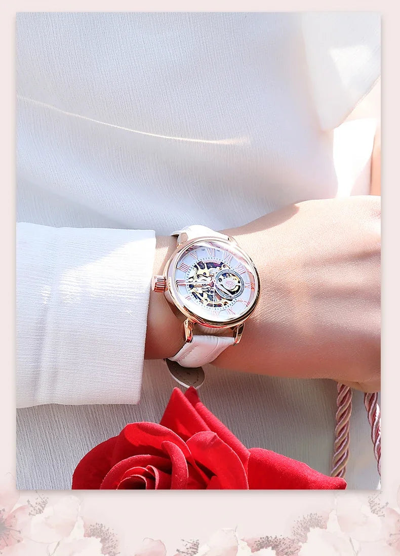 ORKINA Luxury Brand Skeleton Design Waterproof Automatic Mechanical Stainless Steel Mesh Strap Rose Gold Wrist Watch for Women