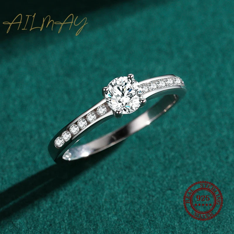 Ailmay Authentic 925 Sterling Silver Classic Simple Round Shape High Quality CZ Rings For Women Wedding Statement Jewelry Gift