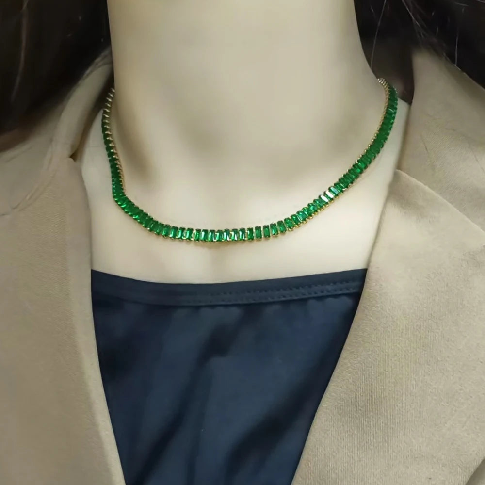 Stainless Steel Necklace Shiny Crystal White Green Cubic Zircon Choker Necklaces For Women Tennis Chain Necklace Jewelry Gift