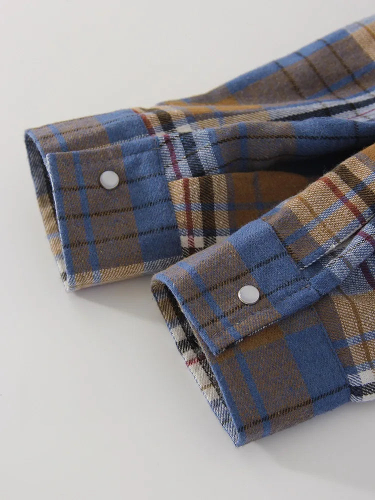 Streamgirl Oversized Plaid Shirt Women 2026 Spring Loose Vintage Long Shirts Full Sleeve Women Plaid Brown Oversized Shirt Blue