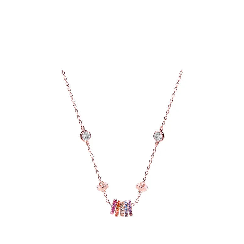 Real Money 925 Sterling Silver Women's Necklace Korean Rainbow Colorful Small Circle Pendant Necklace Wedding Party Jewelry Gift