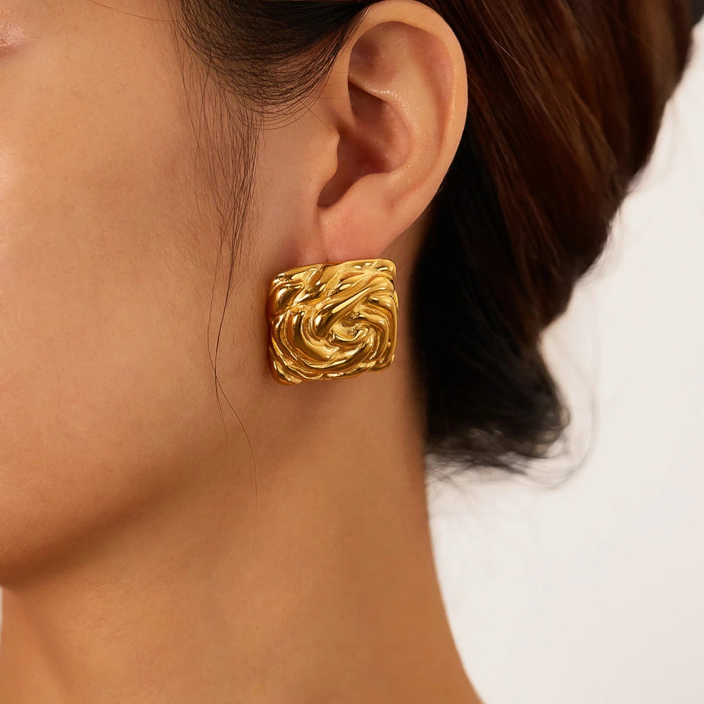 Vintage Texture Gold Plated Stainless Steel Earrings for Women Geometric Circle Twist Statement Earring Fashion Jewelry Bijoux