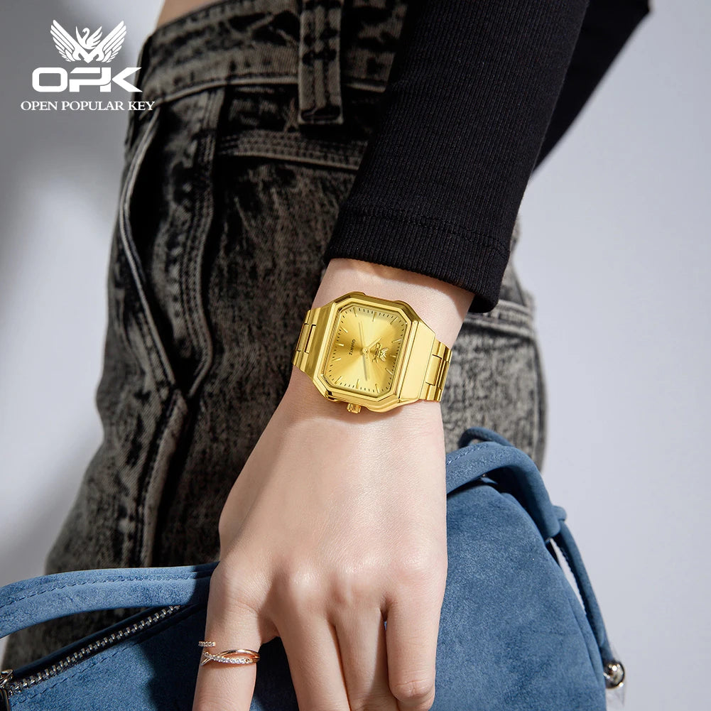 OPK 6080 Classic Fashion Ladies Quartz Watch Retro Square Dial Adjustable Strap Stainless Steel 30m Waterproof Watch For Women