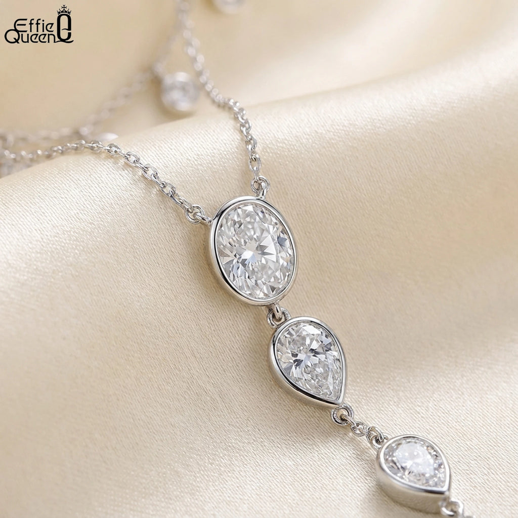 EFFIE QUEEN Dainty Zircon Y-Shaped Pendant Necklace Trendy Layered CZ Beaded Choker Long Chain 925 Sterling Silver Jewelry BQN16