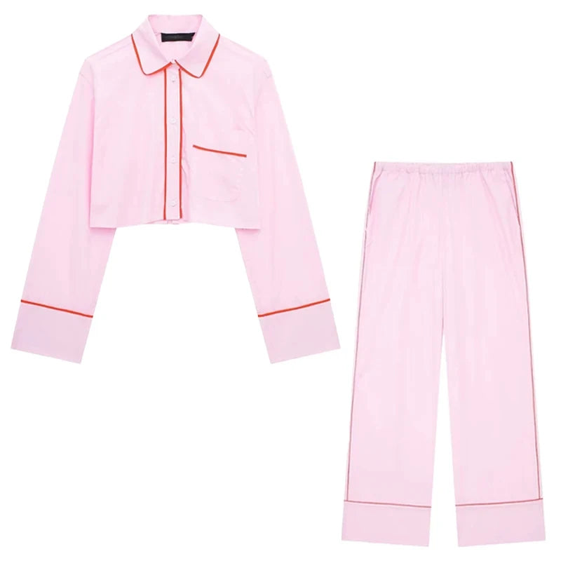2024 Spring Woman Sets Lapel Long Sleeves Single Breasted Shirt Top +Mid Elastic Waist Lace-Up Female Wide Leg Long Pant