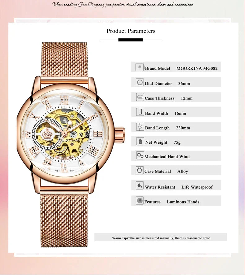 ORKINA Luxury Brand Skeleton Design Waterproof Automatic Mechanical Stainless Steel Mesh Strap Rose Gold Wrist Watch for Women