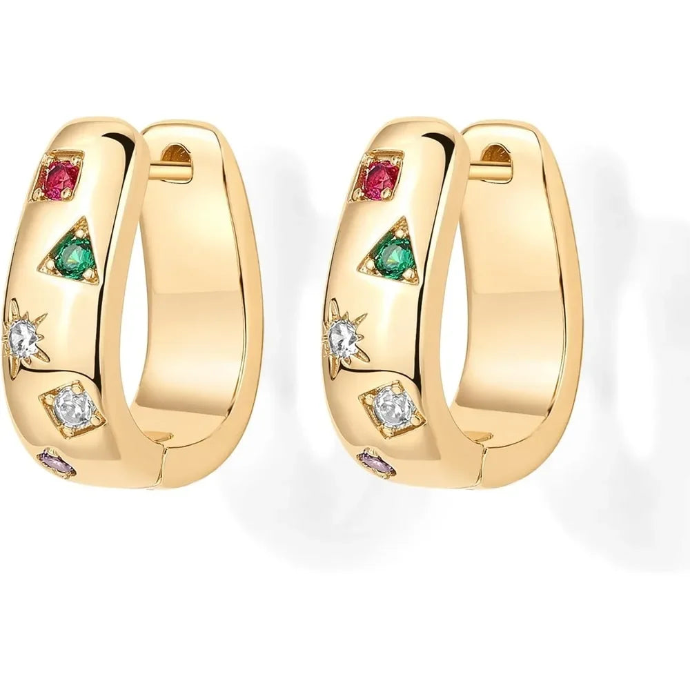 14K Gold Plated 925 Sterling Silver Posts Chunky Huggie Earrings for Women Multi-Colored Cubic Zirconia Statement Hoop Earrings