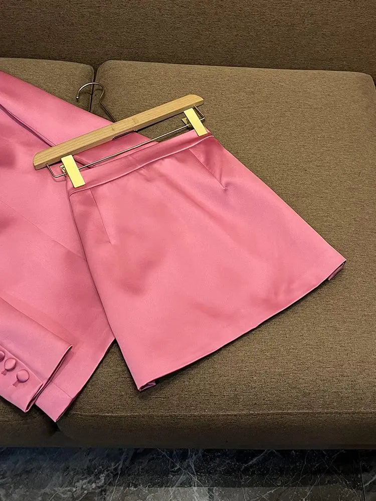 Pink Satin Slim Fit Blazer Hip-covering Skirt Fashionable Commuting Two-piece Set