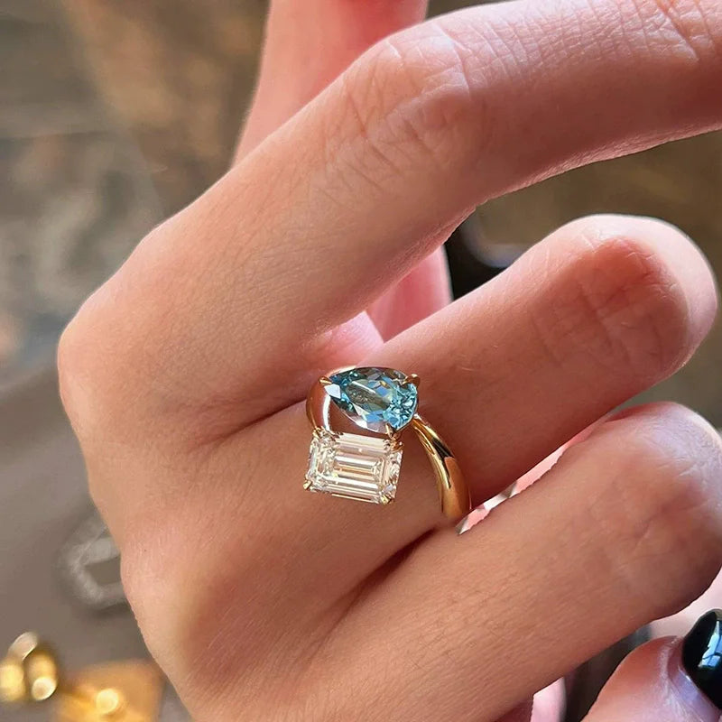 Unique Geometric Blue Zircon Adjustable Finger Rings For Women Fashion New Jewelry Gift Party Holiday anillos mujer