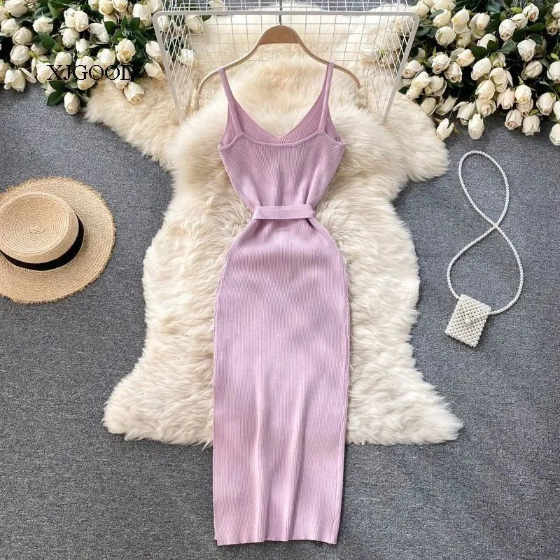 YuooMuoo Women Dress Sexy Cut Out Waist Package Hips Split Bodycon Dress Summer Fashion Lady Knitted Party Vestidos Sundress