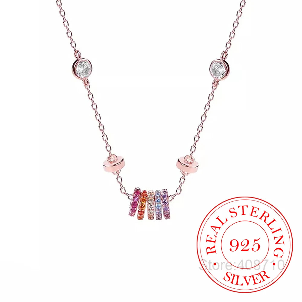 Real Money 925 Sterling Silver Women's Necklace Korean Rainbow Colorful Small Circle Pendant Necklace Wedding Party Jewelry Gift