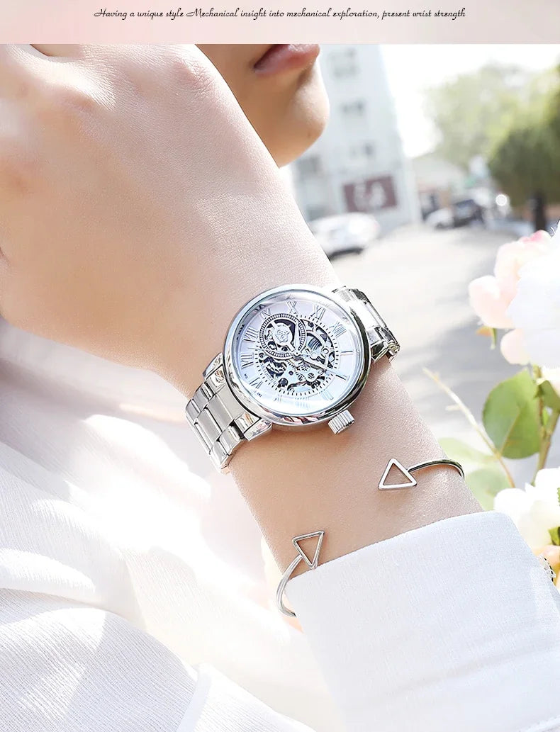 ORKINA Luxury Brand Skeleton Design Waterproof Automatic Mechanical Stainless Steel Mesh Strap Rose Gold Wrist Watch for Women