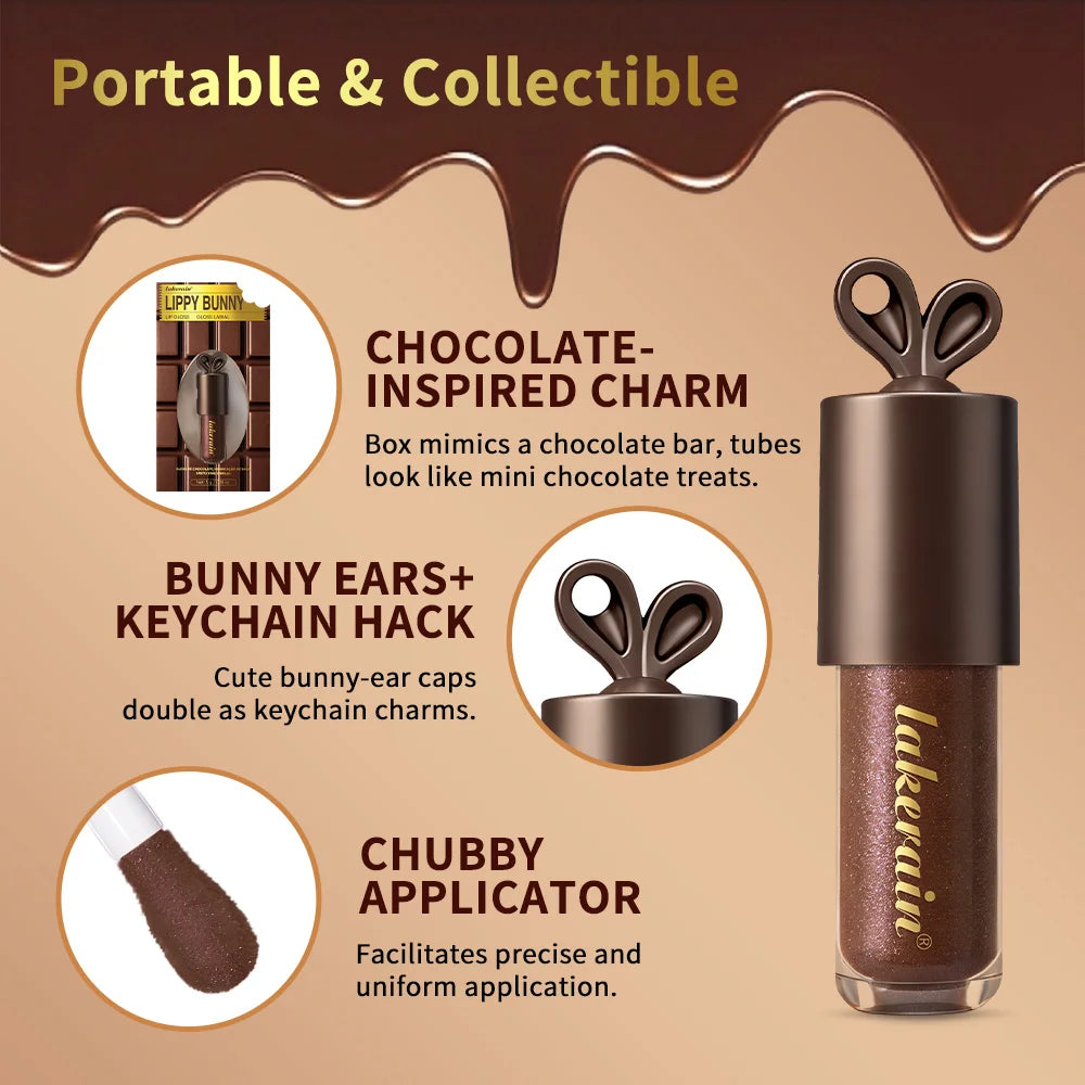 LIPPY BUNNY Plump Lips Chocolate Glow Moisturizing Lip Gloss with Bunny Keychain Lip Stain Cosmetics Makeup