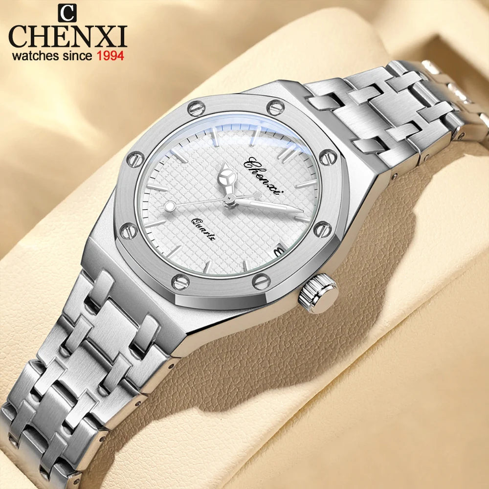 CHENXI Solid Steel Strip Women's Watches Ladies Casual Fashion Small Grid Dial Quartz Wristwatch for Girl Waterproof Luminous