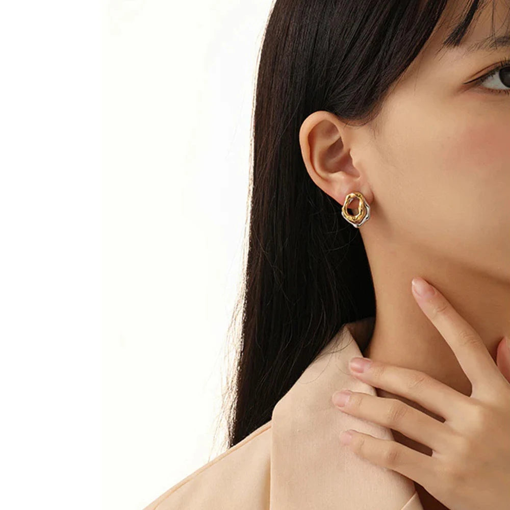 Two-wear Irregular Gold Sliver Colors Circles Bilayer Piercing Post Earring for Women Bicolor Hammered Texture Geometric Jewelry