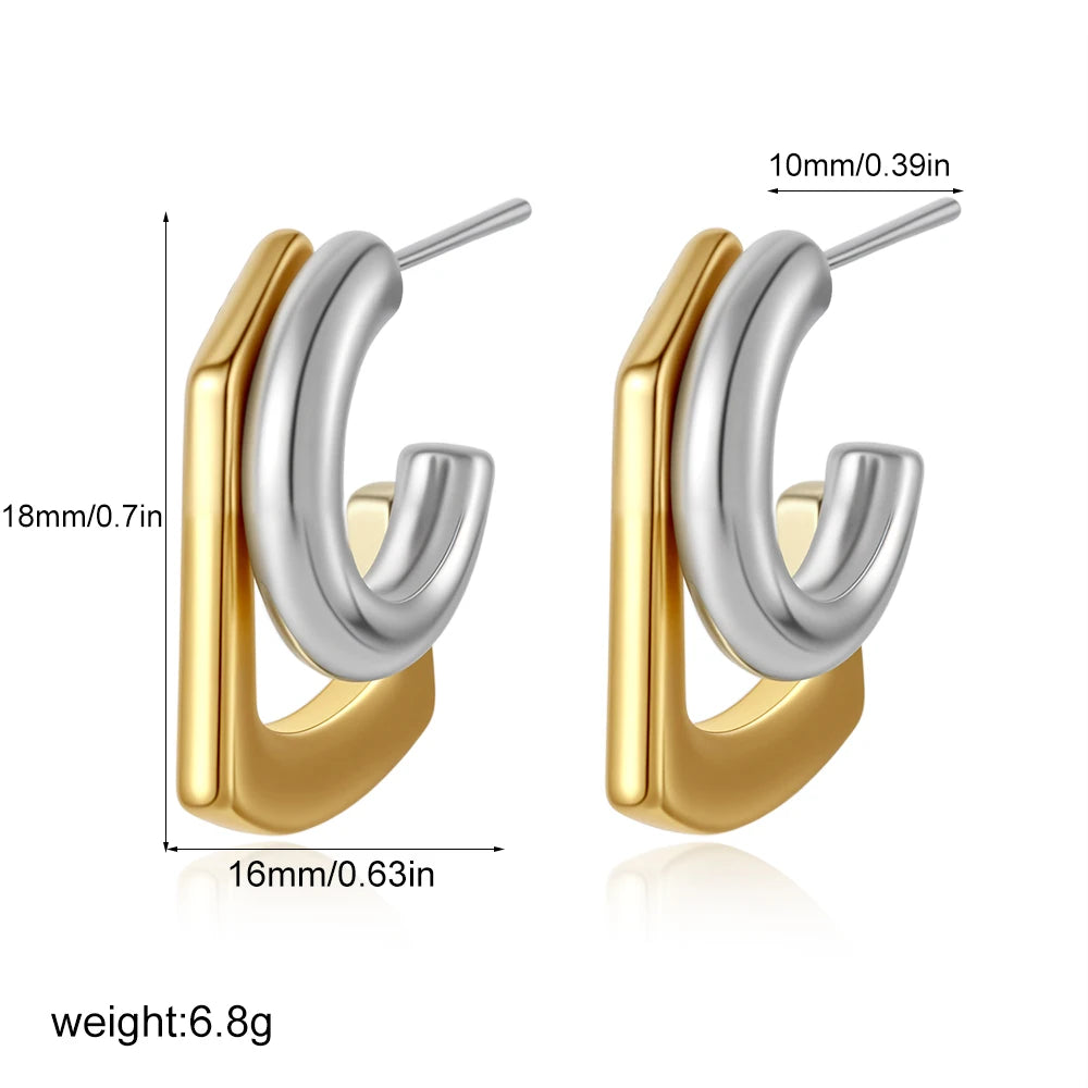 Geometric Double Round Stacking Earrings for Women Stainless Steel Dainty Gold & Silver C Shape Stud Earrings Wedding Jewelry