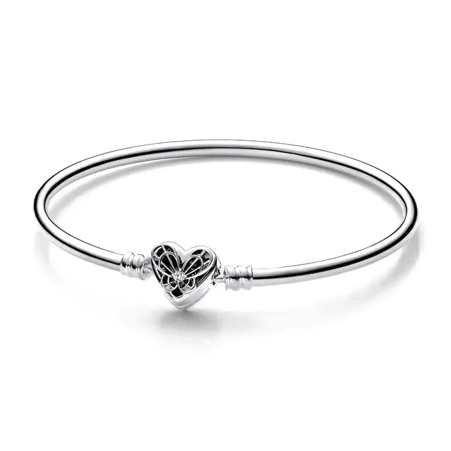 925 Silver original 17-21CM Pearl Heart-Shaped Hard Ring Square Buckle Round Bracelet Fit for DIY Mini Birthday Jewelry Gifts