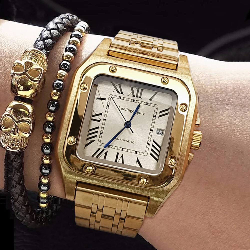 New Genuine High-Quality Square Men's Mechanical Watch, Automatic Winding, Skeleton Design, Stainless Steel Strap, with Calendar Display, European and American Style Tank Series, Fashionable Business Casual Stylish Handsome S